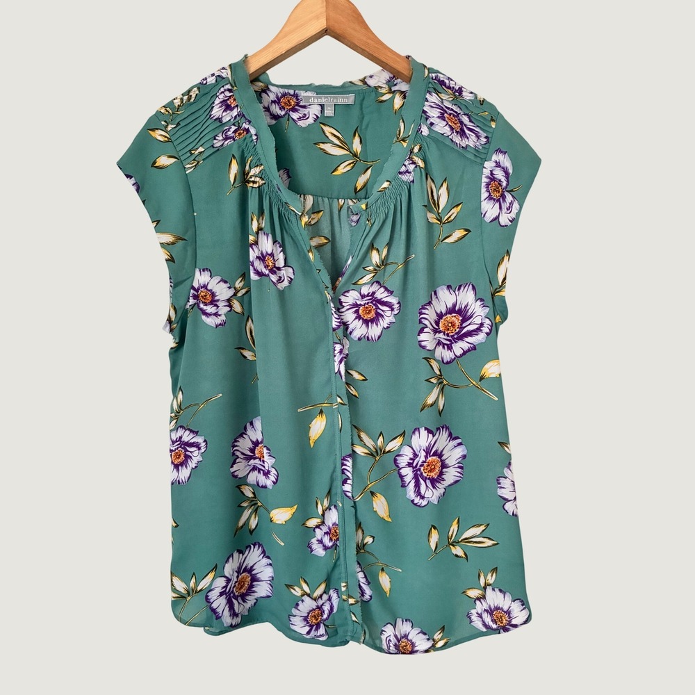 Daniel Rainn Boho Teal Green Floral Pintuck Pleated V-Neck Cap Sleeve Blouse XL